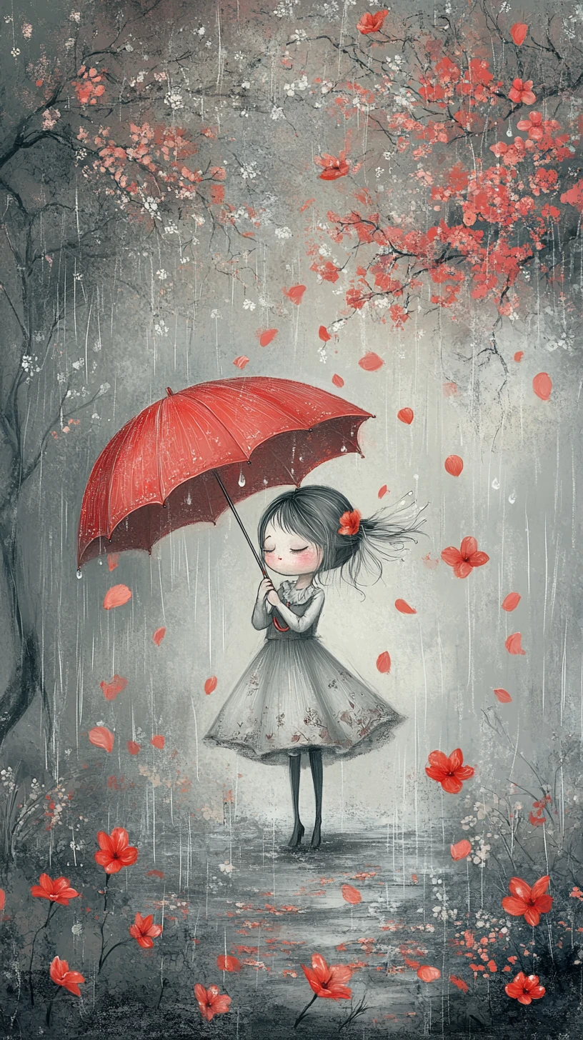 Menina com guarda-chuva florido na chuva dos sonhos – Ilustração