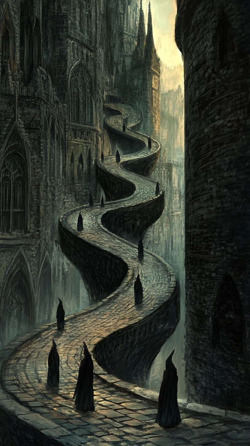 Spiraling Cobblestone Path Through Twisted Gothic Architecture