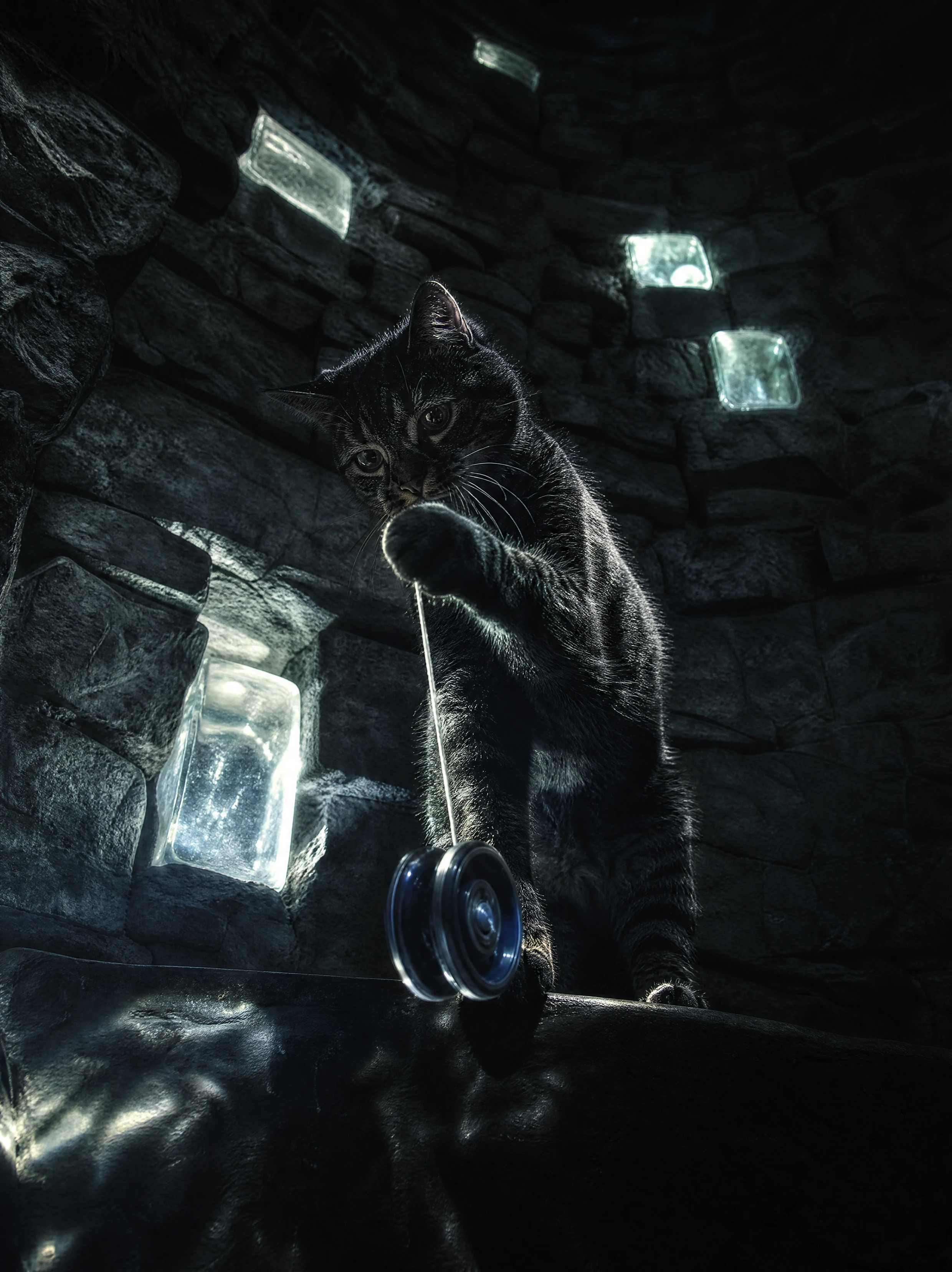 Dark striped cat playing yo yo in a stone tower