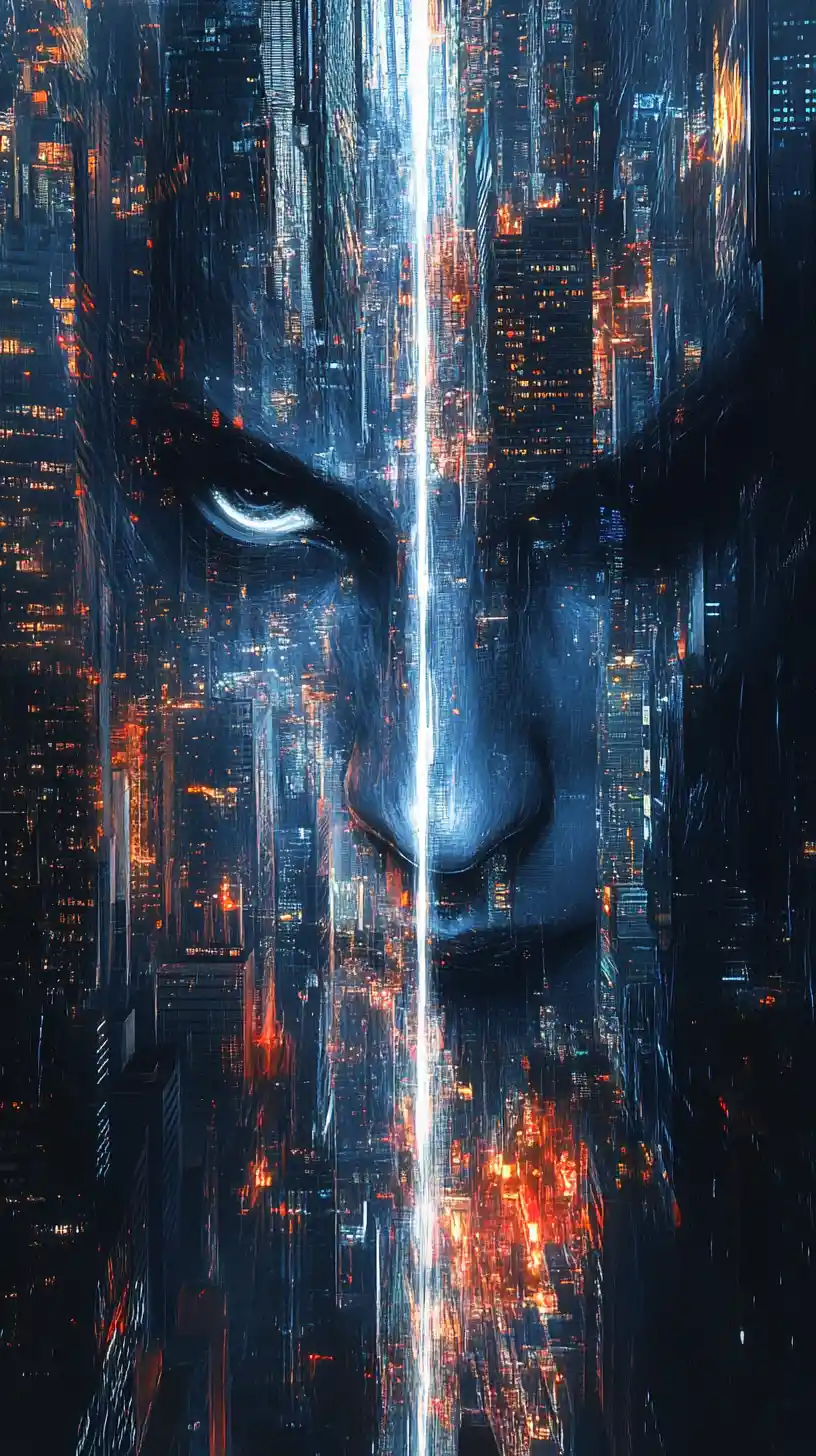 Ghostly urban warrior emerging through a glowing city skyline