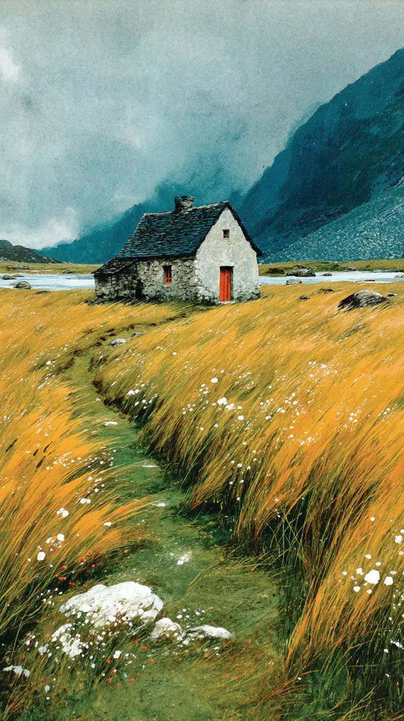 Foggy Scottish chapel beside a windswept rural meadow