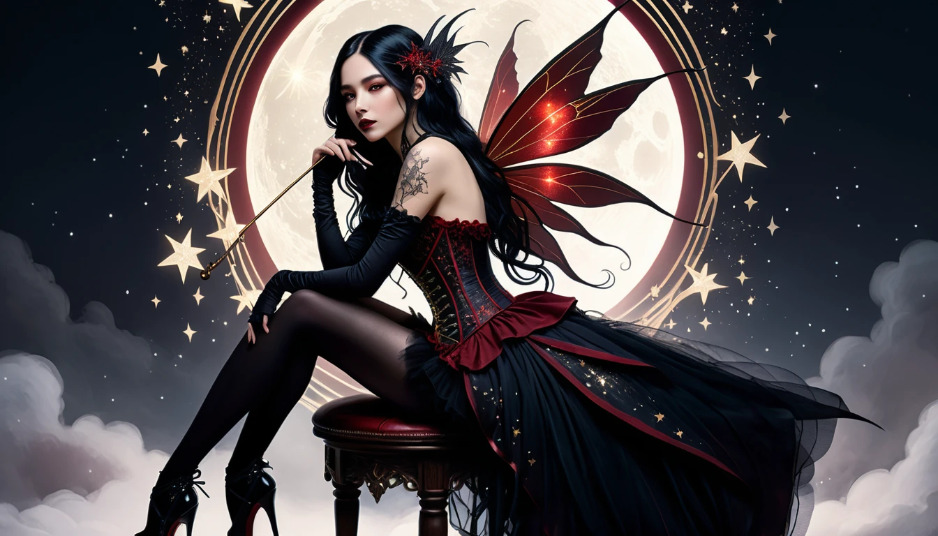 Goth fairy resting on a delicate stool under moonlit magic