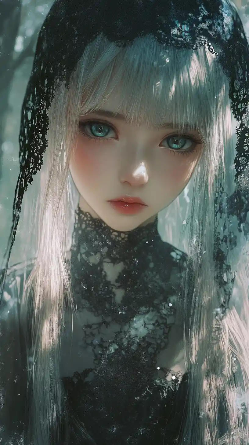 Anime girl in gothic dress with ethereal forest overlay