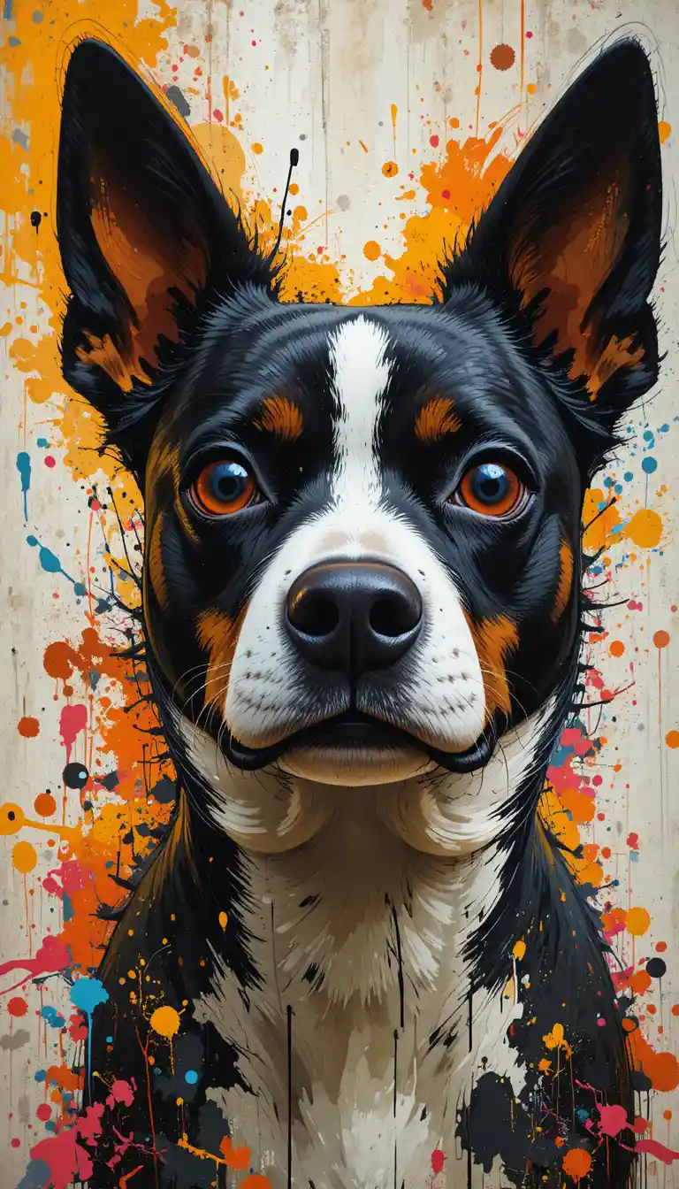 Colorful abstract close up portrait of a staring dog