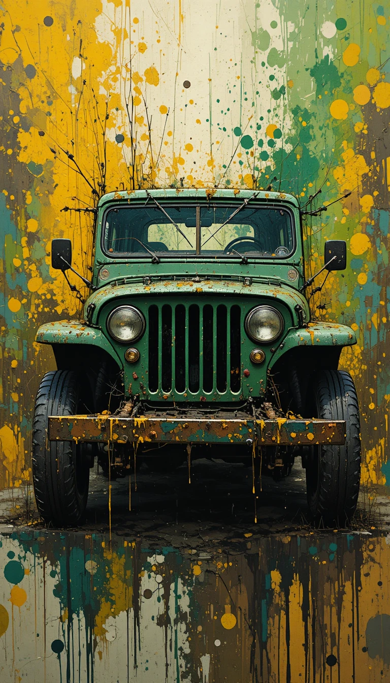 Abstract green jeep painting with chaotic splatter background