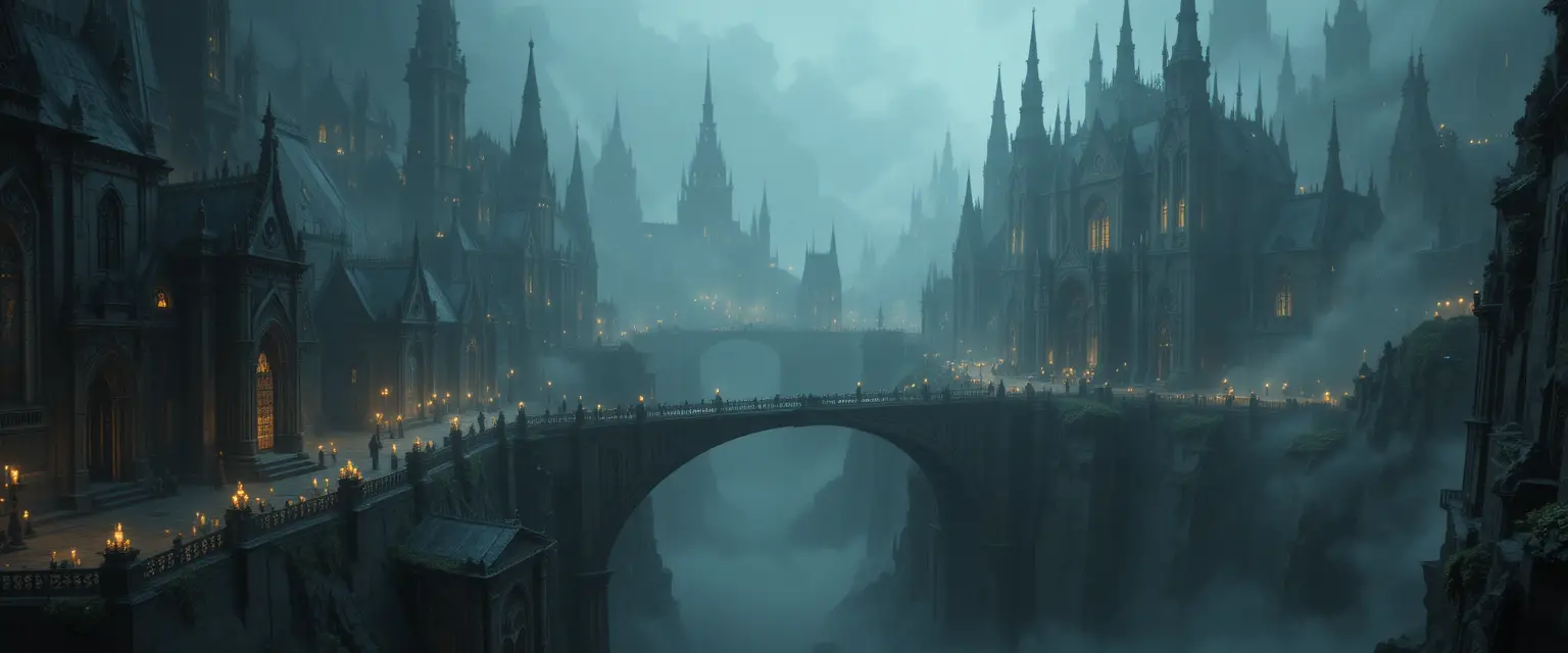 Gothic fantasy city built into a vast cliffside void