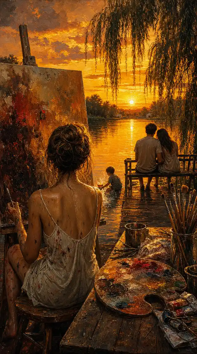 Young woman painting by a glowing riverside sunset