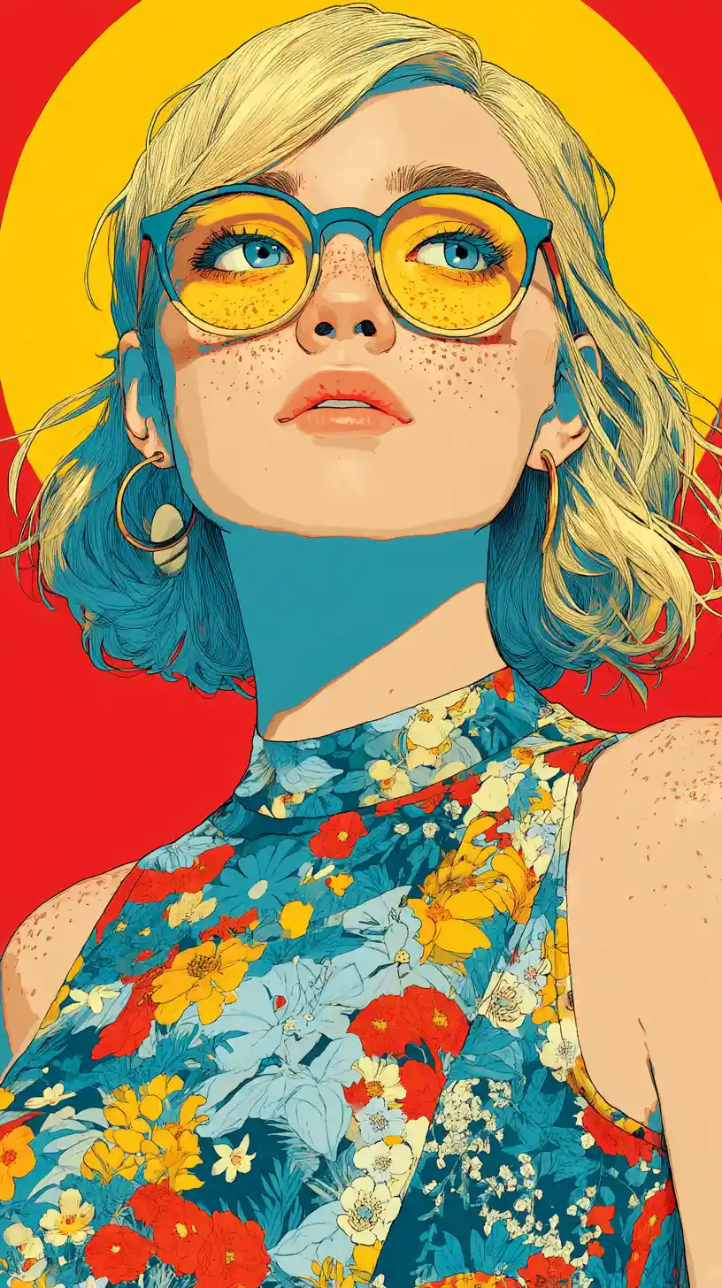 Colorful portrait of a blonde woman with glasses and flowers