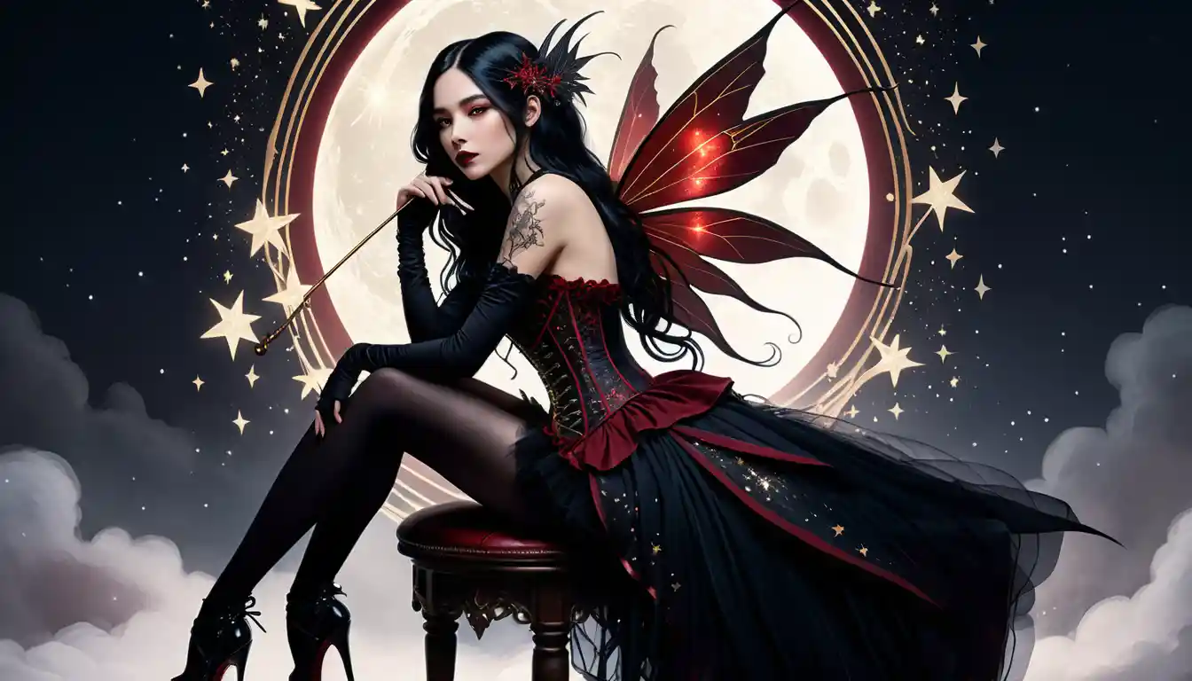 Goth fairy resting on a delicate stool under moonlit magic