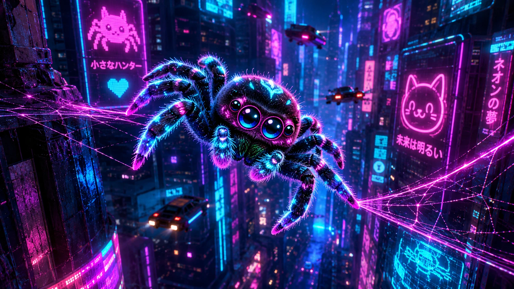 Cute baby spider leaping through neon webs at night