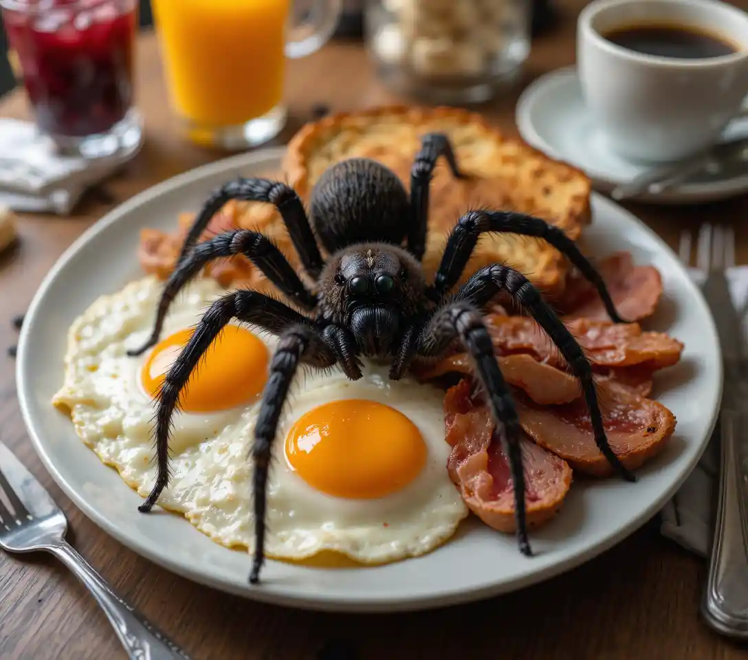 Black spider on classic breakfast plate with eggs and bacon