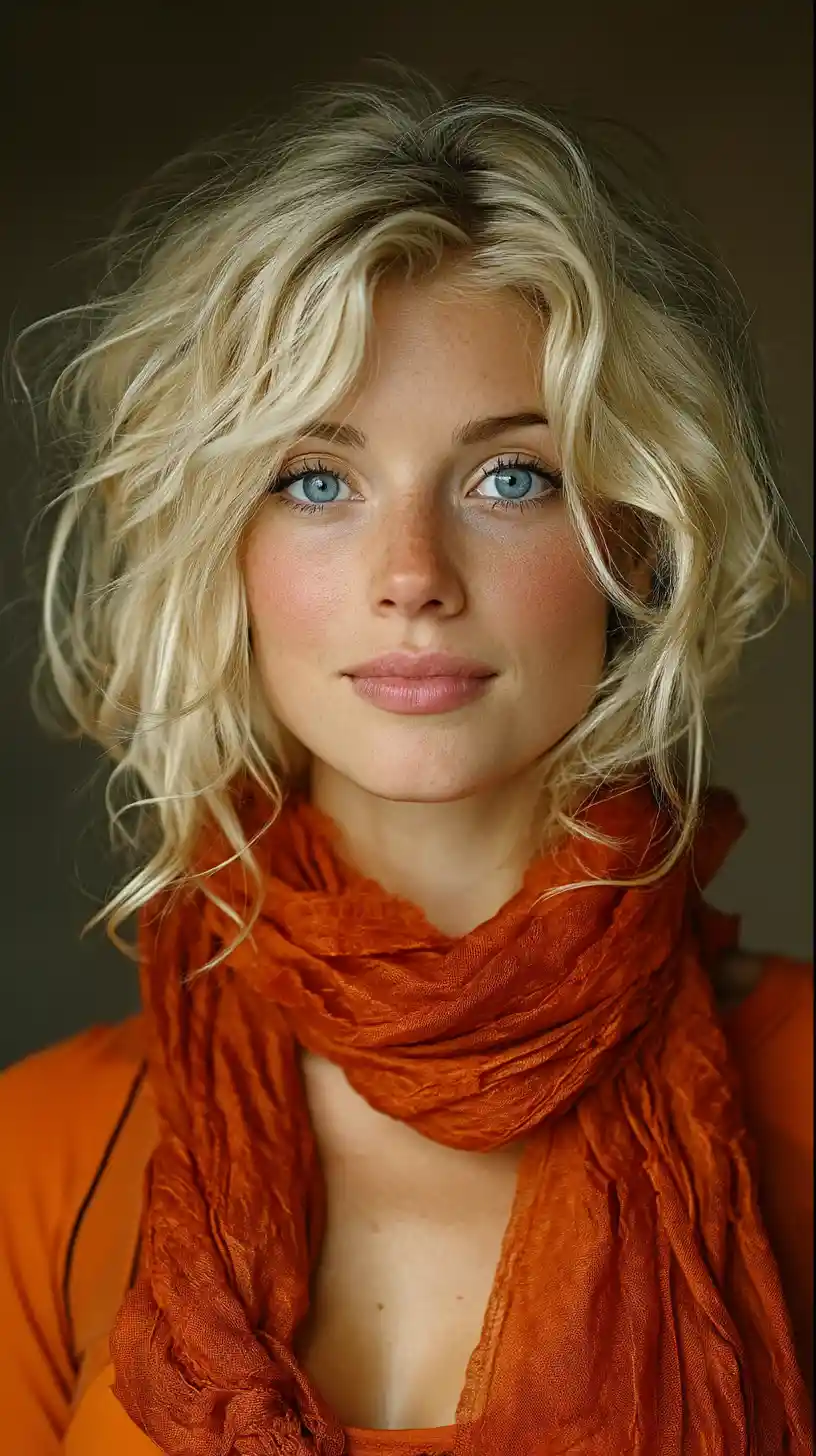 Serene blonde woman in close up portrait with soft shadows