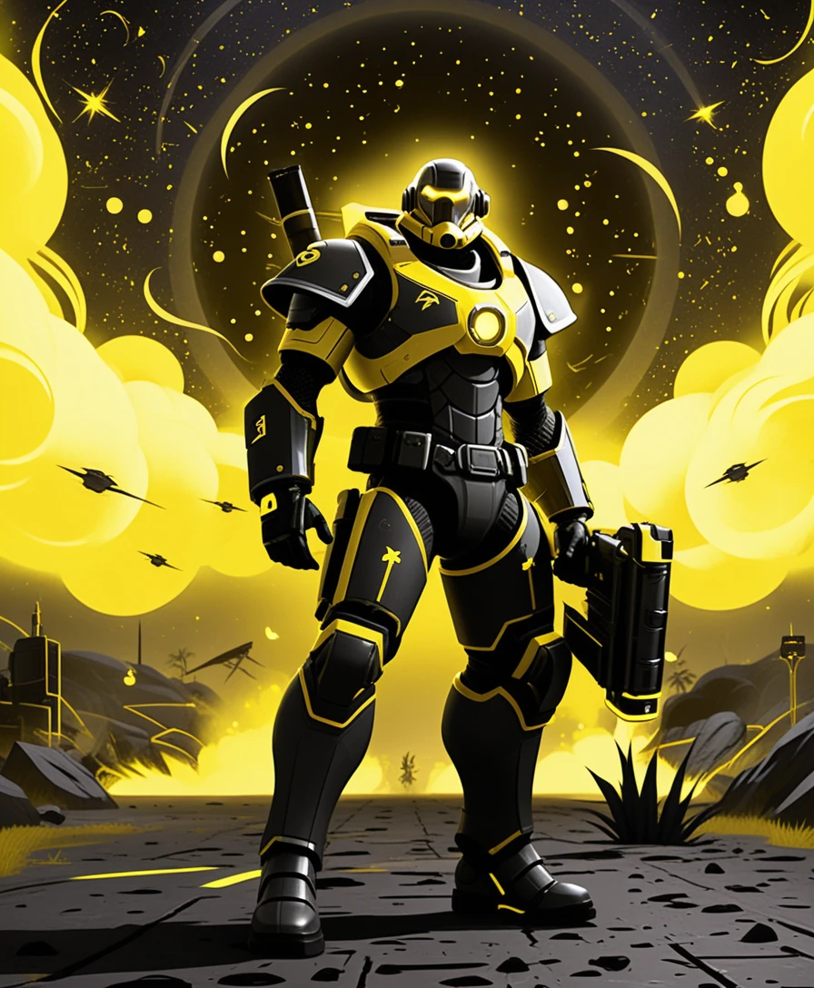 Armored sci fi soldier with rocket launcher in glowing void