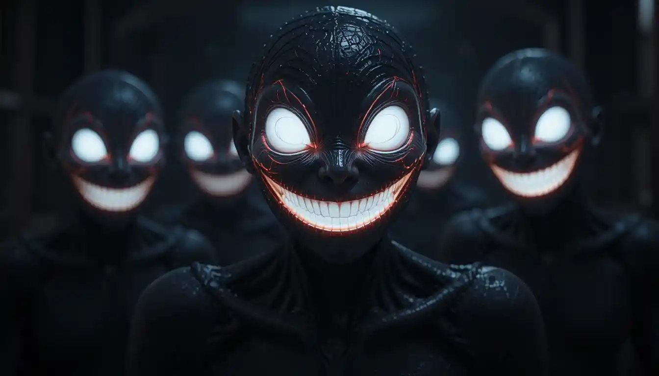 Glowing eyed monster face smiling in total darkness