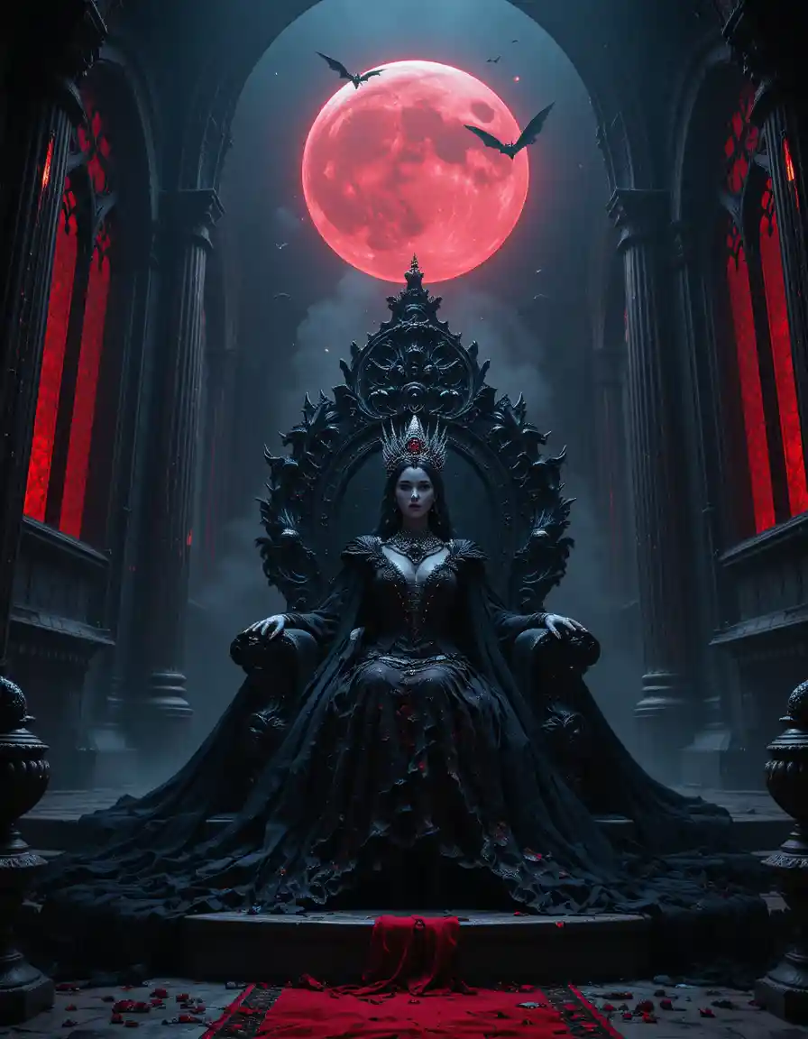 Vampire queen on a crystal throne in red moonlight