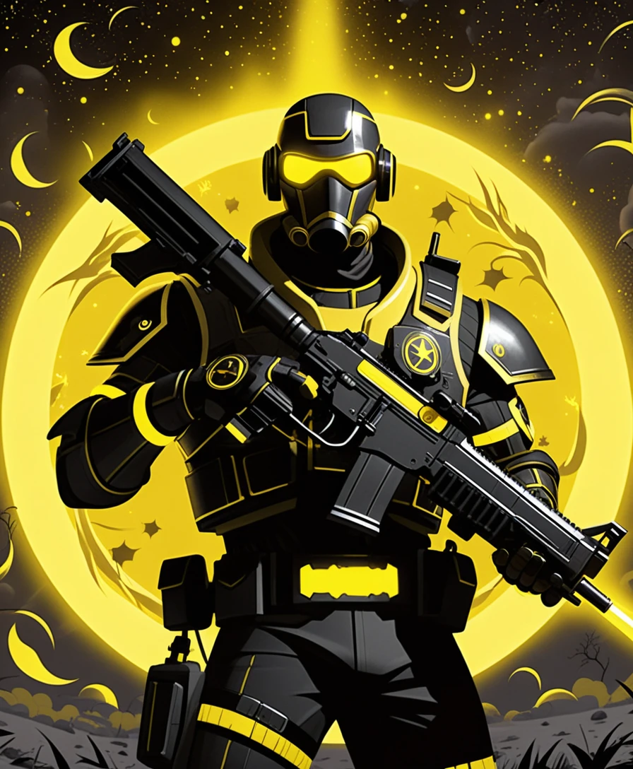 Armored sci fi warrior with grenade launcher in yellow void