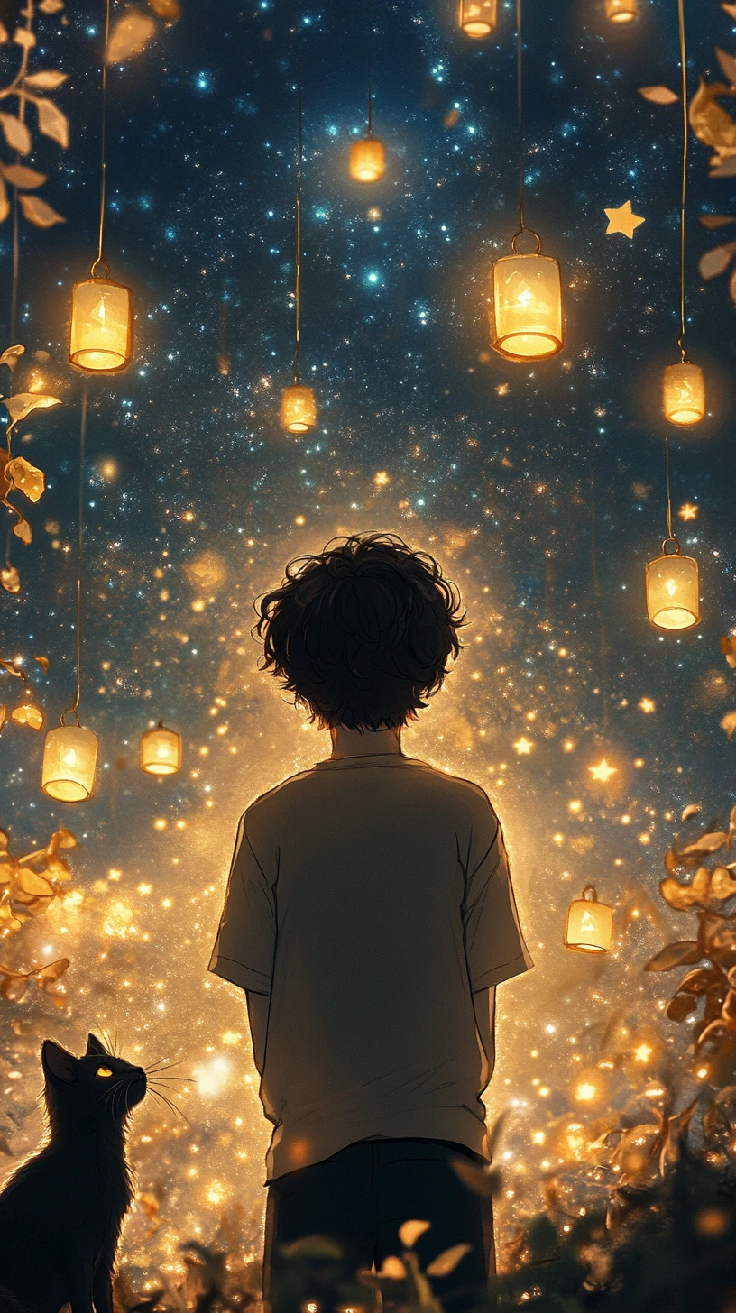 Chico de anime bajo un cielo celestial con linternas brillantes
