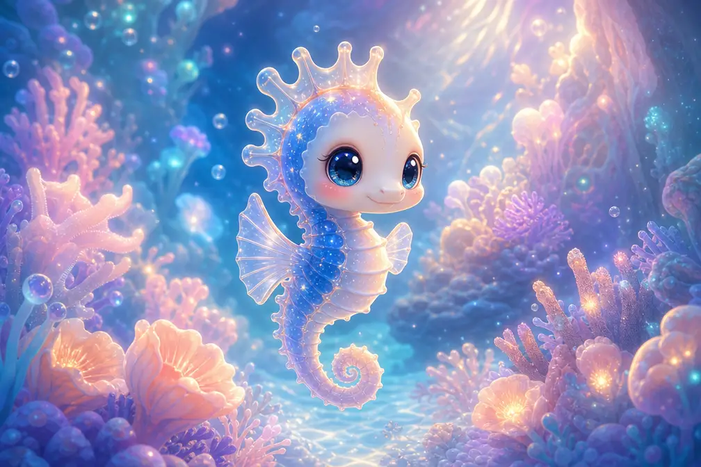 Cute chibi baby seahorse among glowing coral gardens