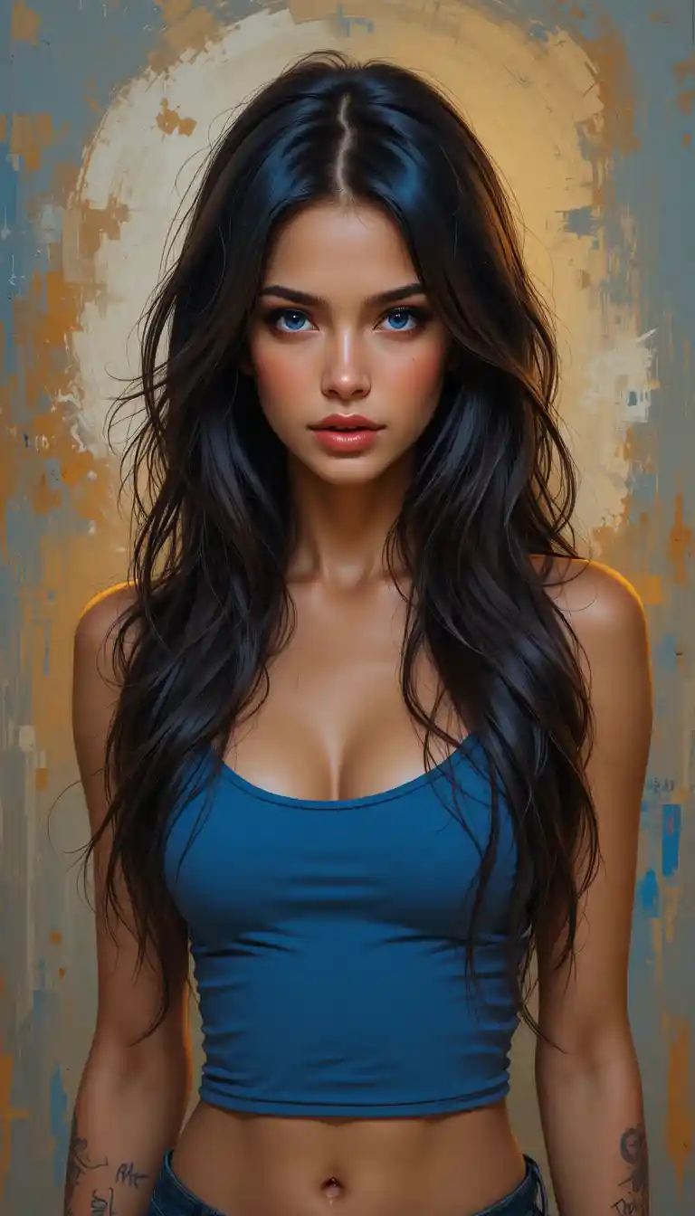 Thoughtful girl with blue eyes in a blue tank top