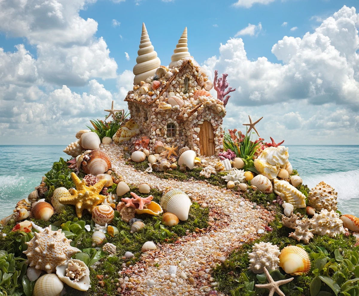 Acogedora casita de conchas en una playa soleada