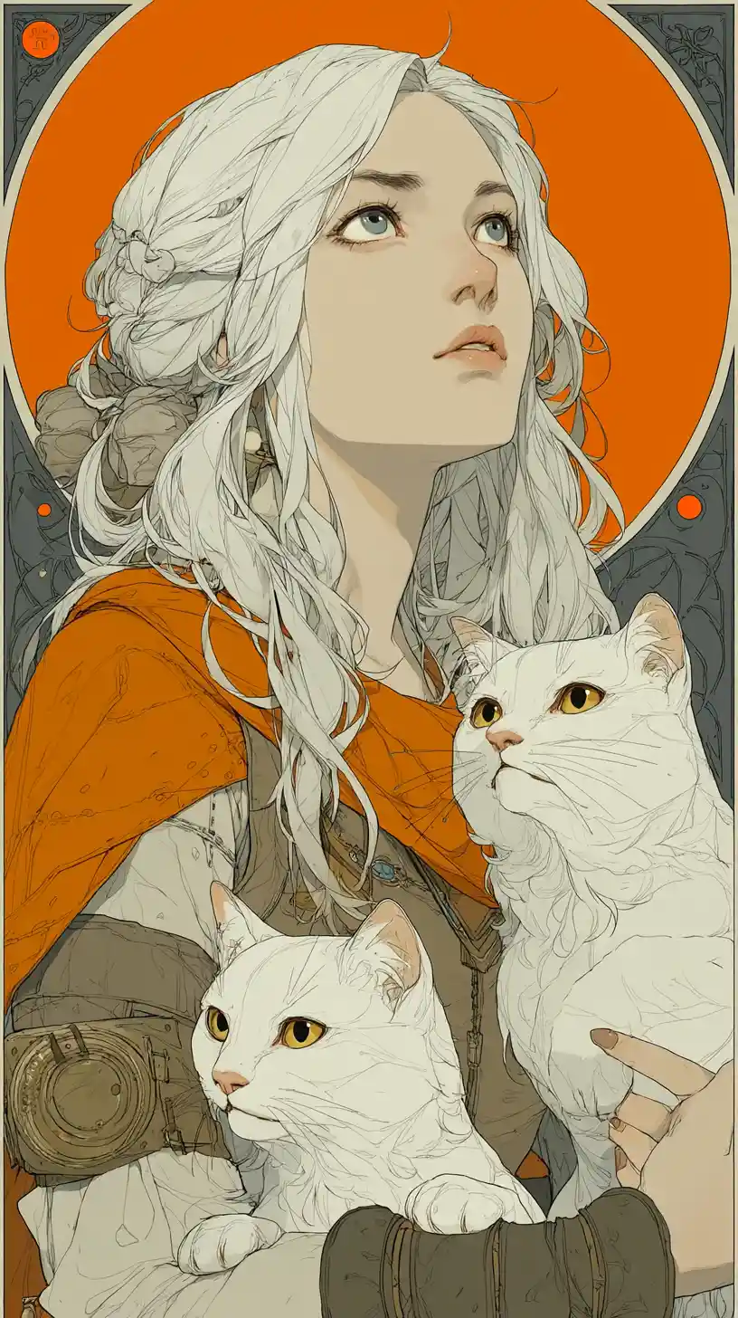 Chica de cabello blanco sosteniendo dos gatos blancos en un resplandor anaranjado