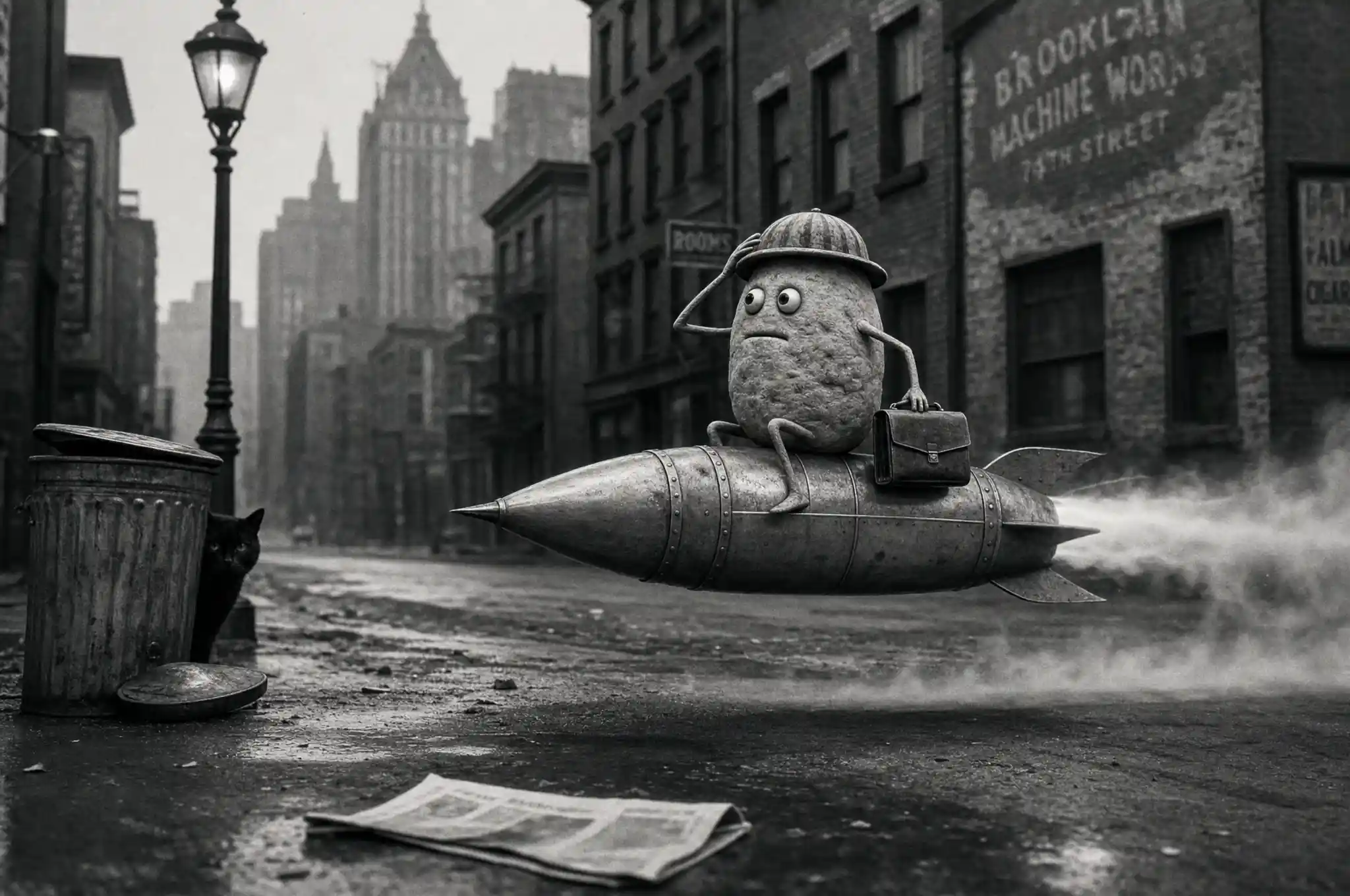 Potato man riding a vintage rocket through noir city