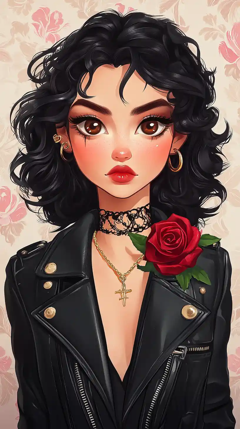Edgy anime girl in black leather jacket with red rose