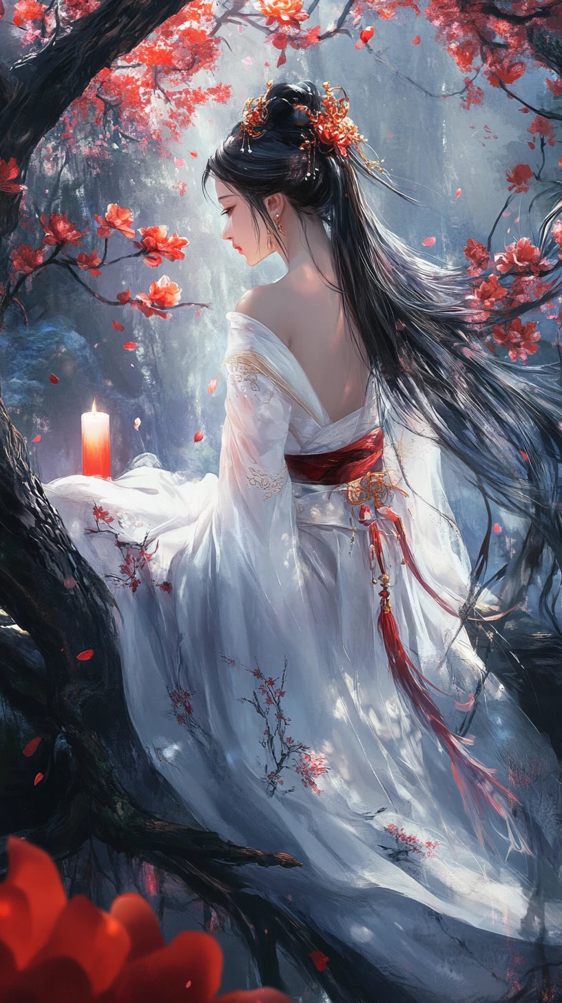 Elegant woman in white hanfu beneath glowing cherry blossoms