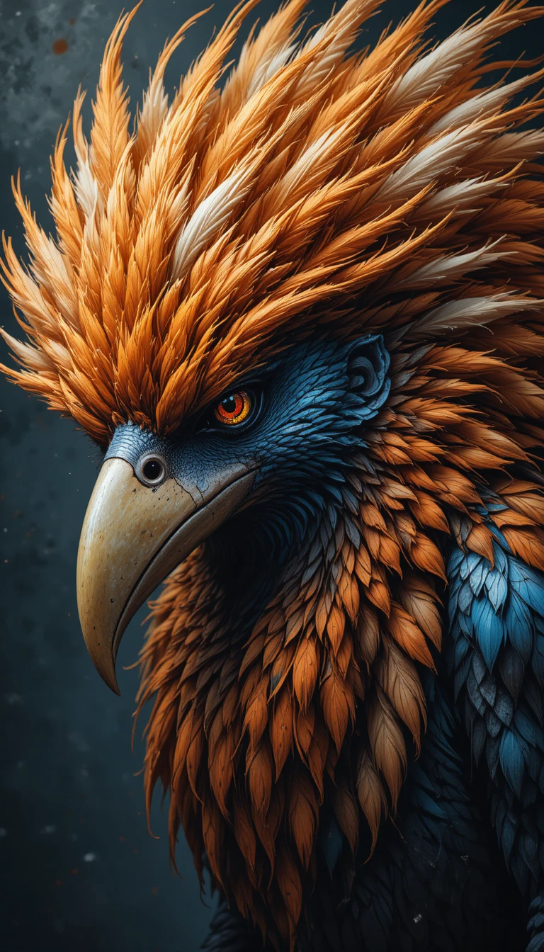 Colorful fantasy bird creature with wild feathered mane