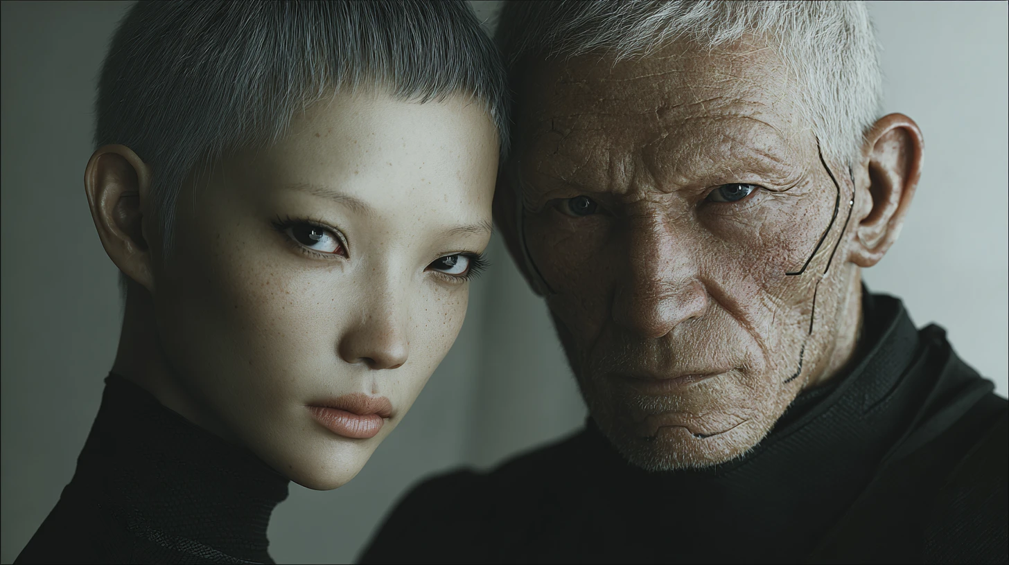 Asian girl and alien crew in futuristic spaceship interior