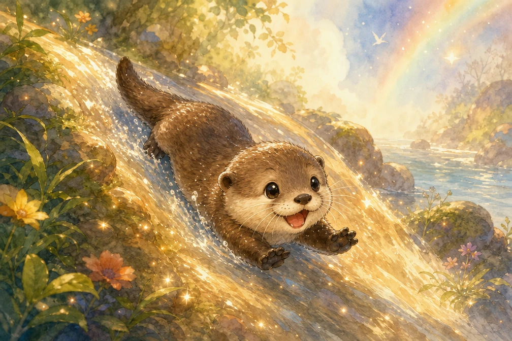 Cute baby river otter sliding down a glowing riverbank