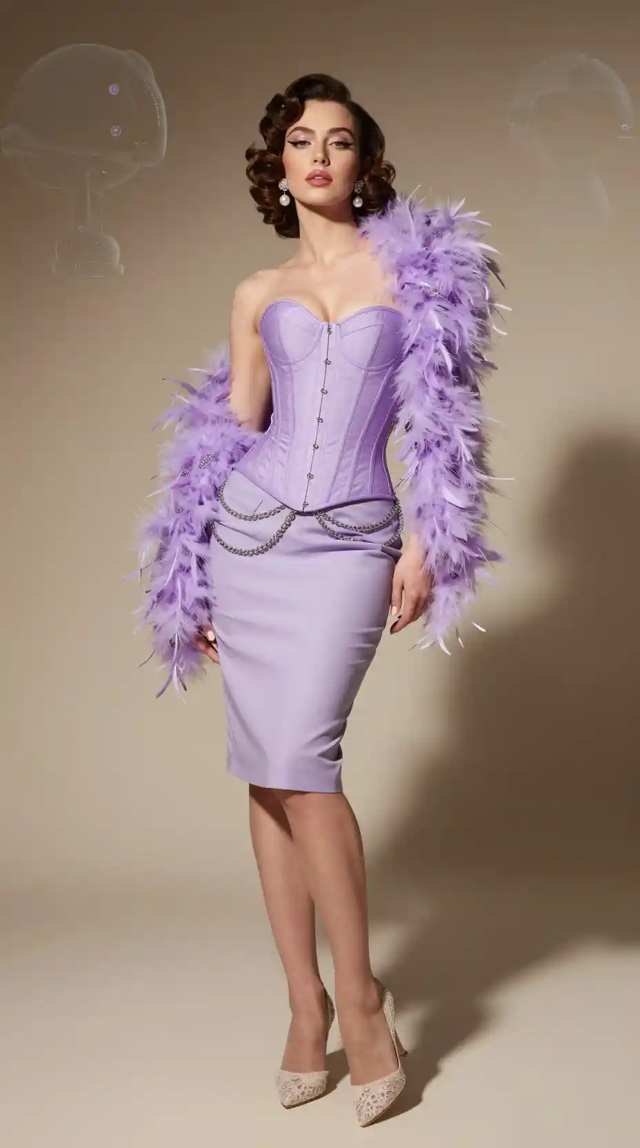 Vintage glamour woman in lavender corset with feather boa