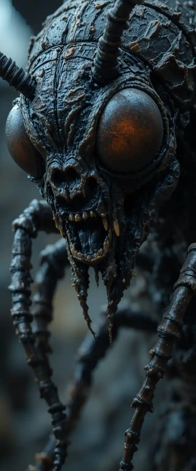 Close up of monstrous skeletal bee with glowing eyes
