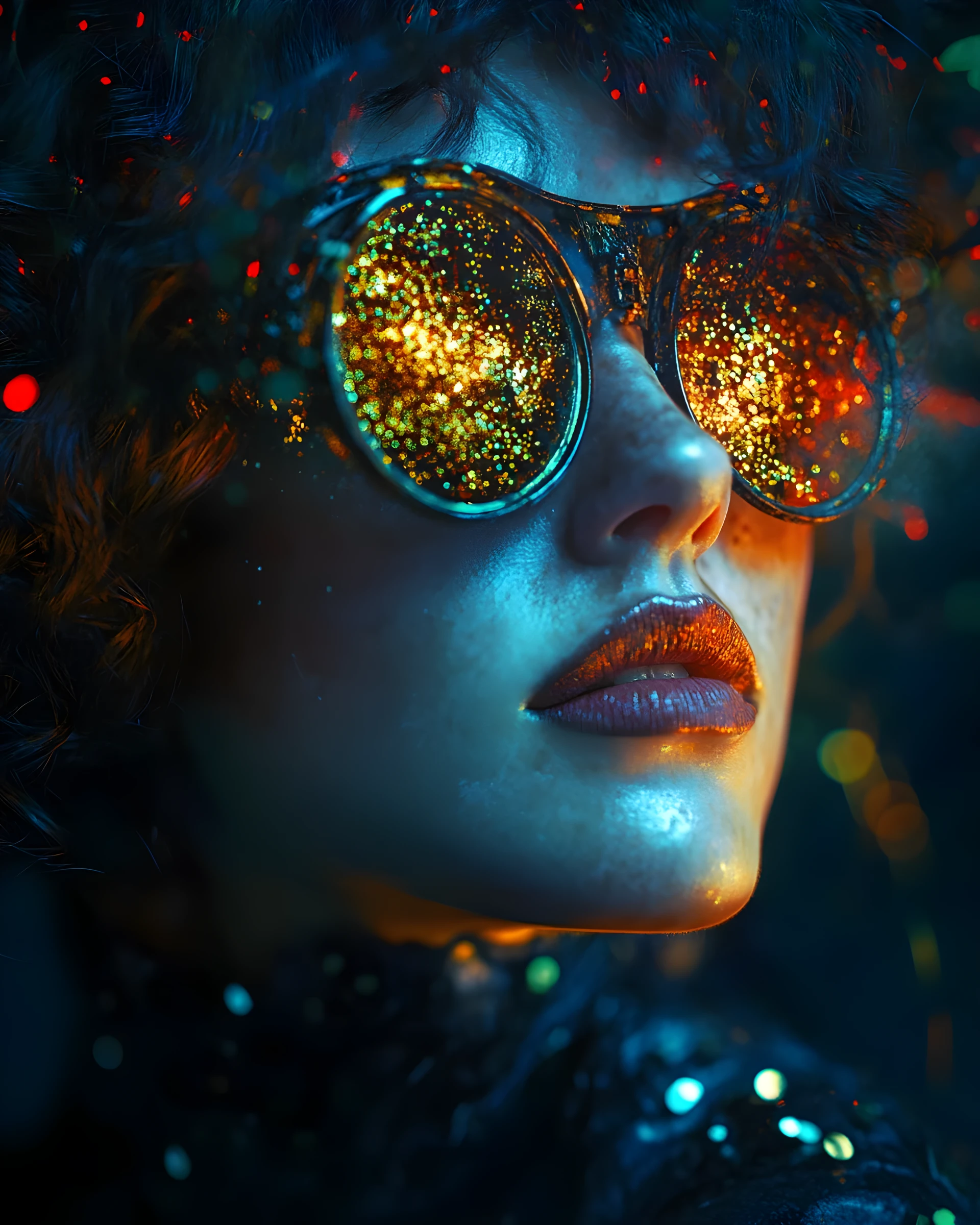 Farbvolles Steampunk-Porträt einer Frau mit schimmerndem Studio-Licht