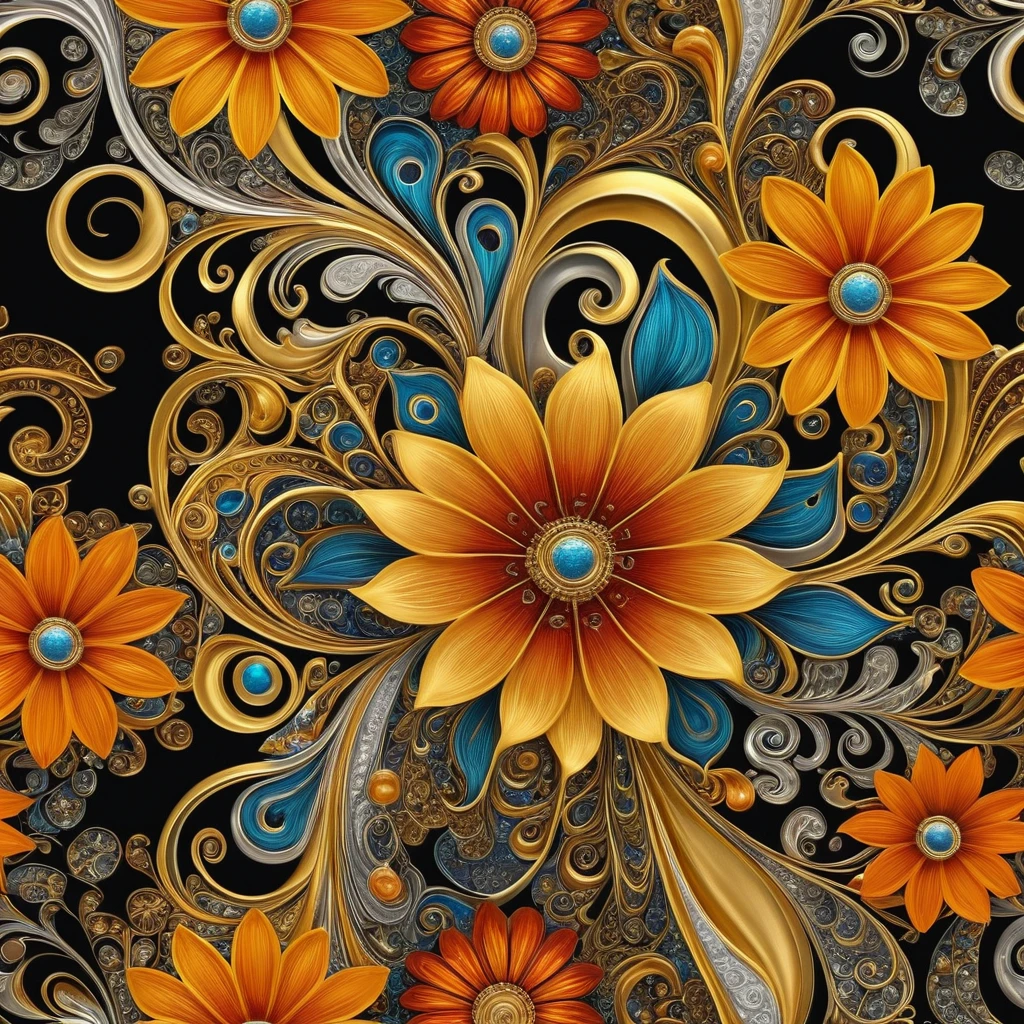 Vibrant Floral Artwork With Gold And Silver Accents