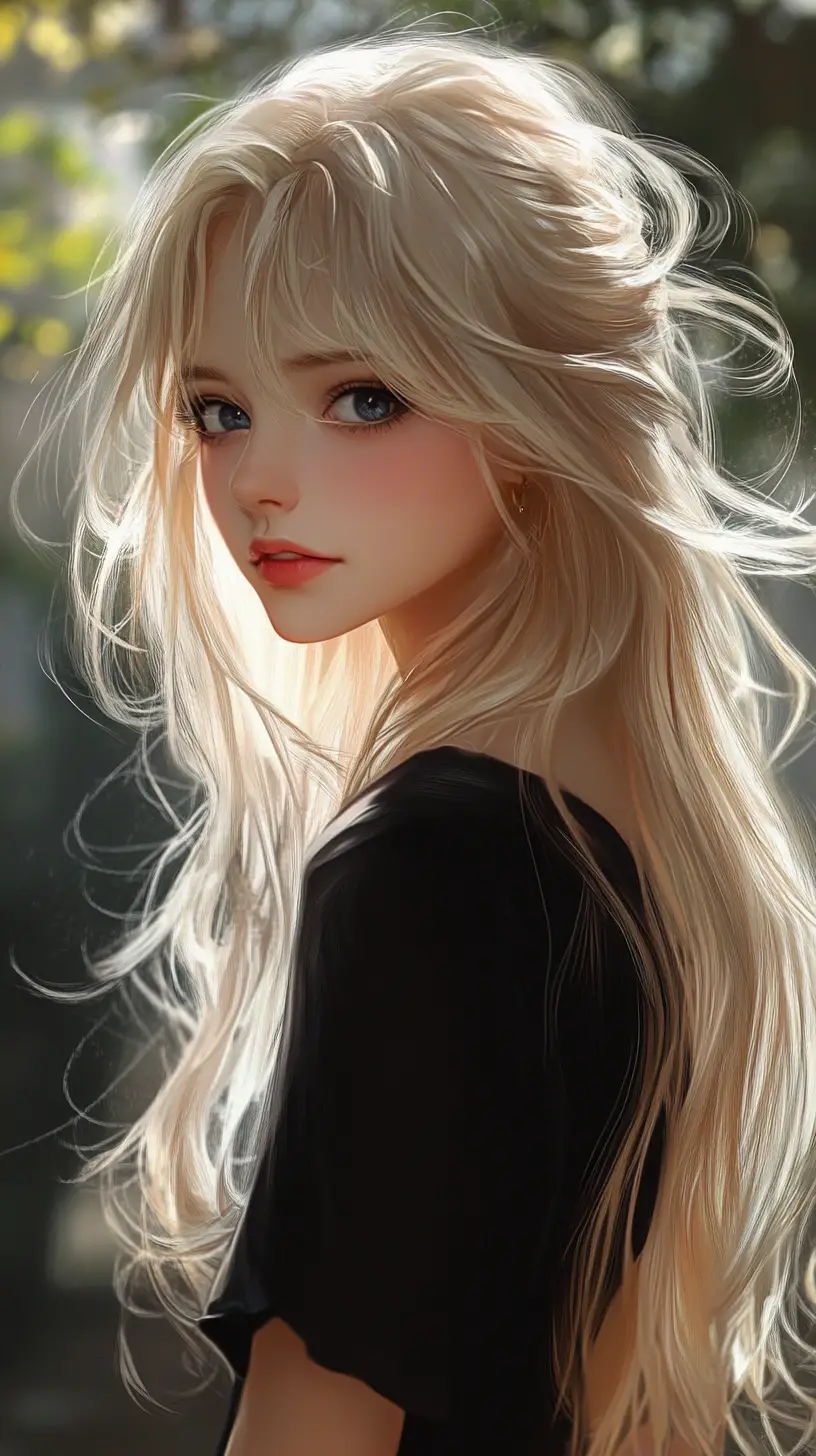 Blonde anime girl holding a red apple in forest