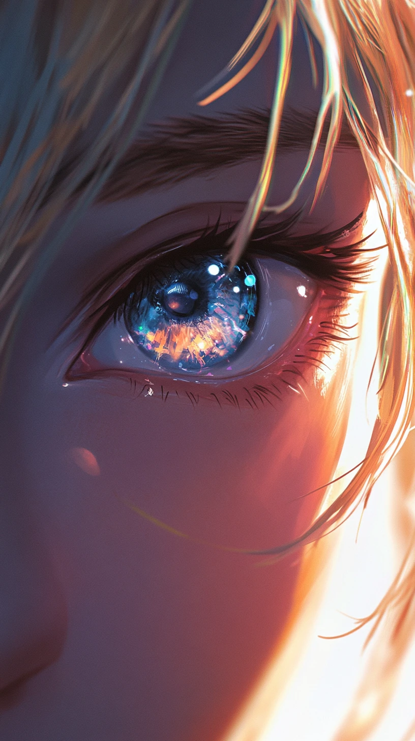 Primerísimo primer plano de una chica de anime con ojo galaxia