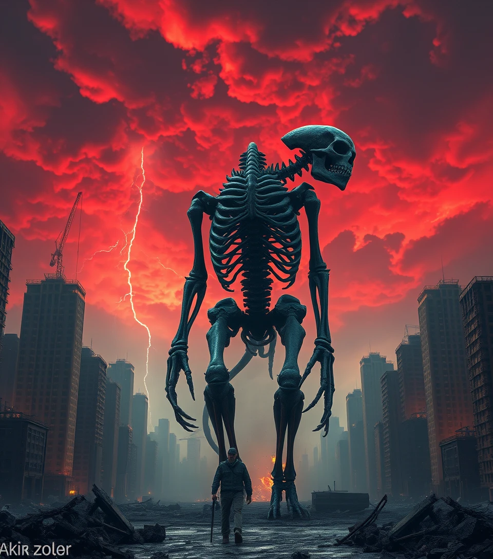 Colossal skeletal titan stalking through a ruined stormy city