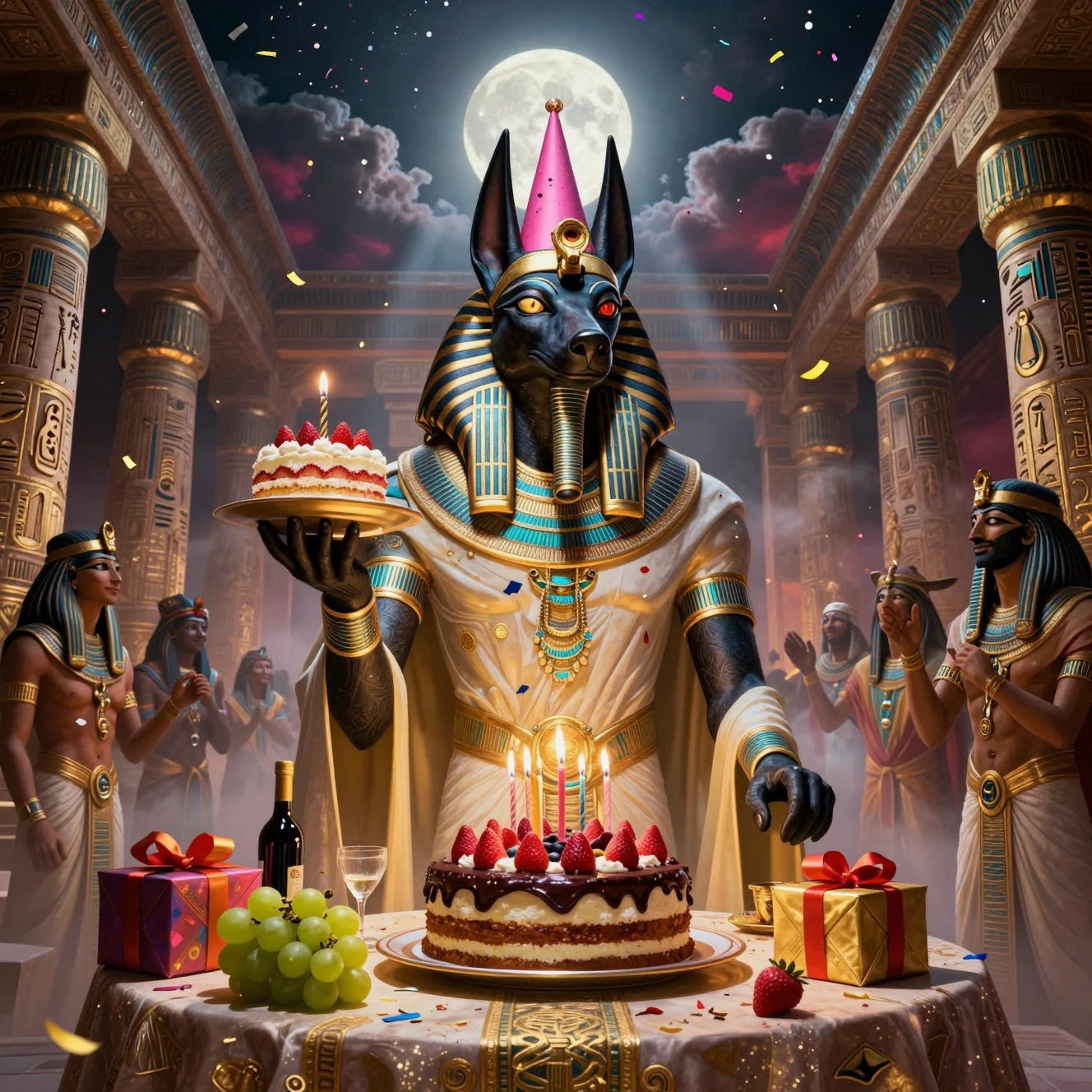 Anubis Birthday Celebration In A Moonlit Egyptian Temple