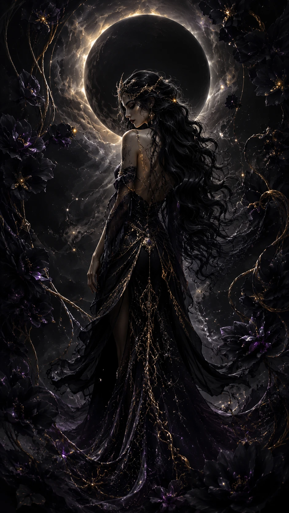 幽暗奇幻女子立於發光黑月之下