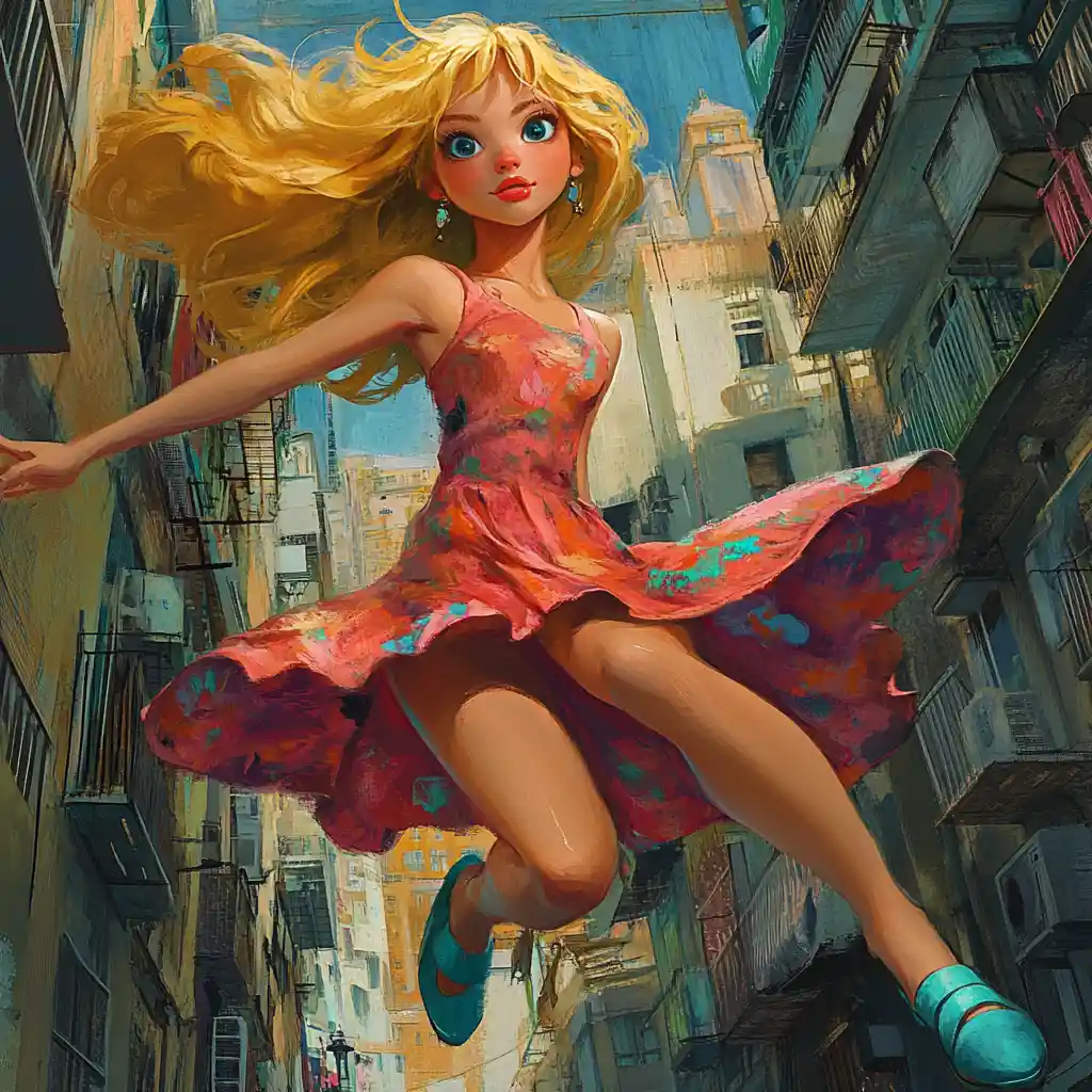 Golden haired girl leaping in a fuchsia dress on city street