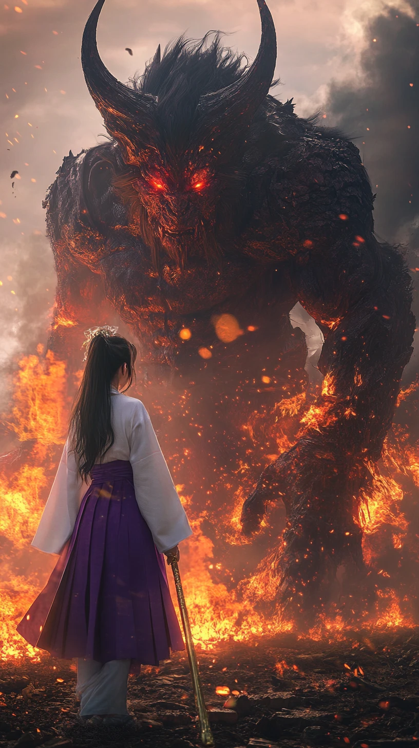 Woman in kimono facing colossal demon at fiery sunset