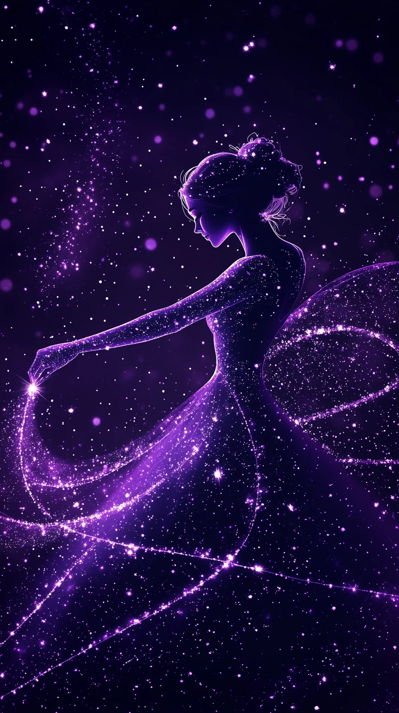 Cosmic dancer in violet stardust with glowing galaxies