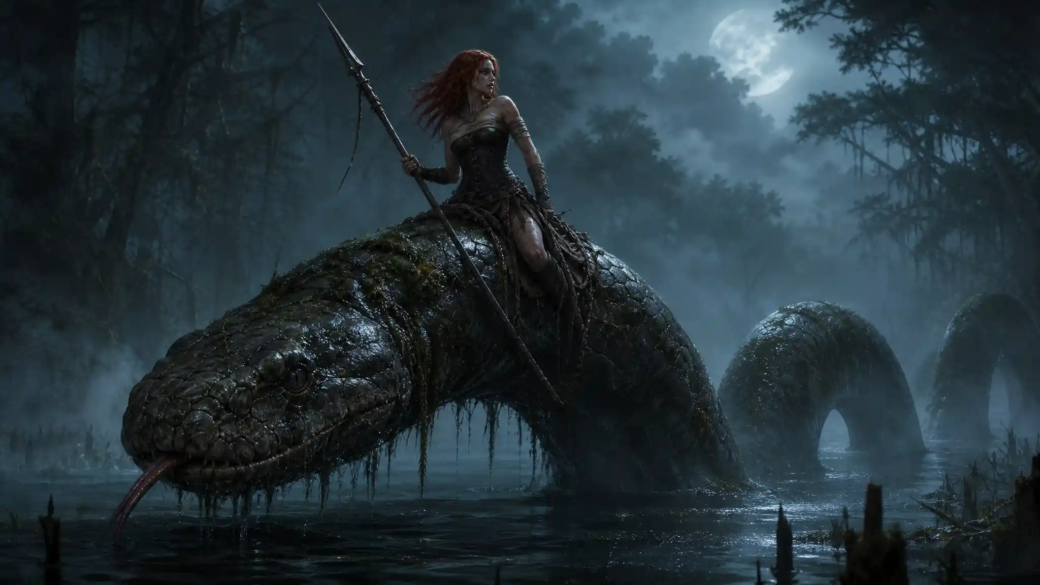 Red haired warrior riding a sea serpent in misty swamp