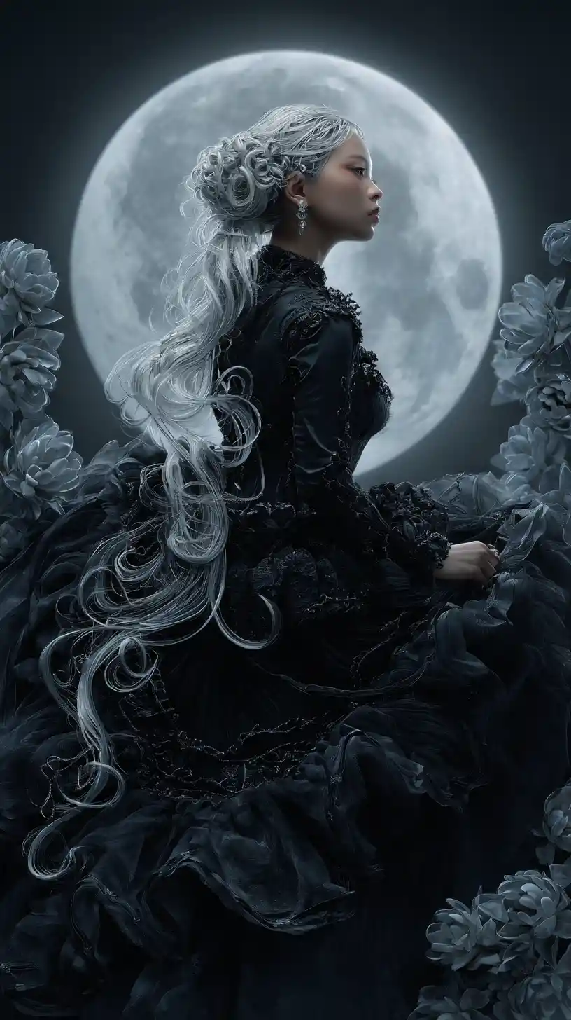 Dark fantasy woman under a glowing black moon
