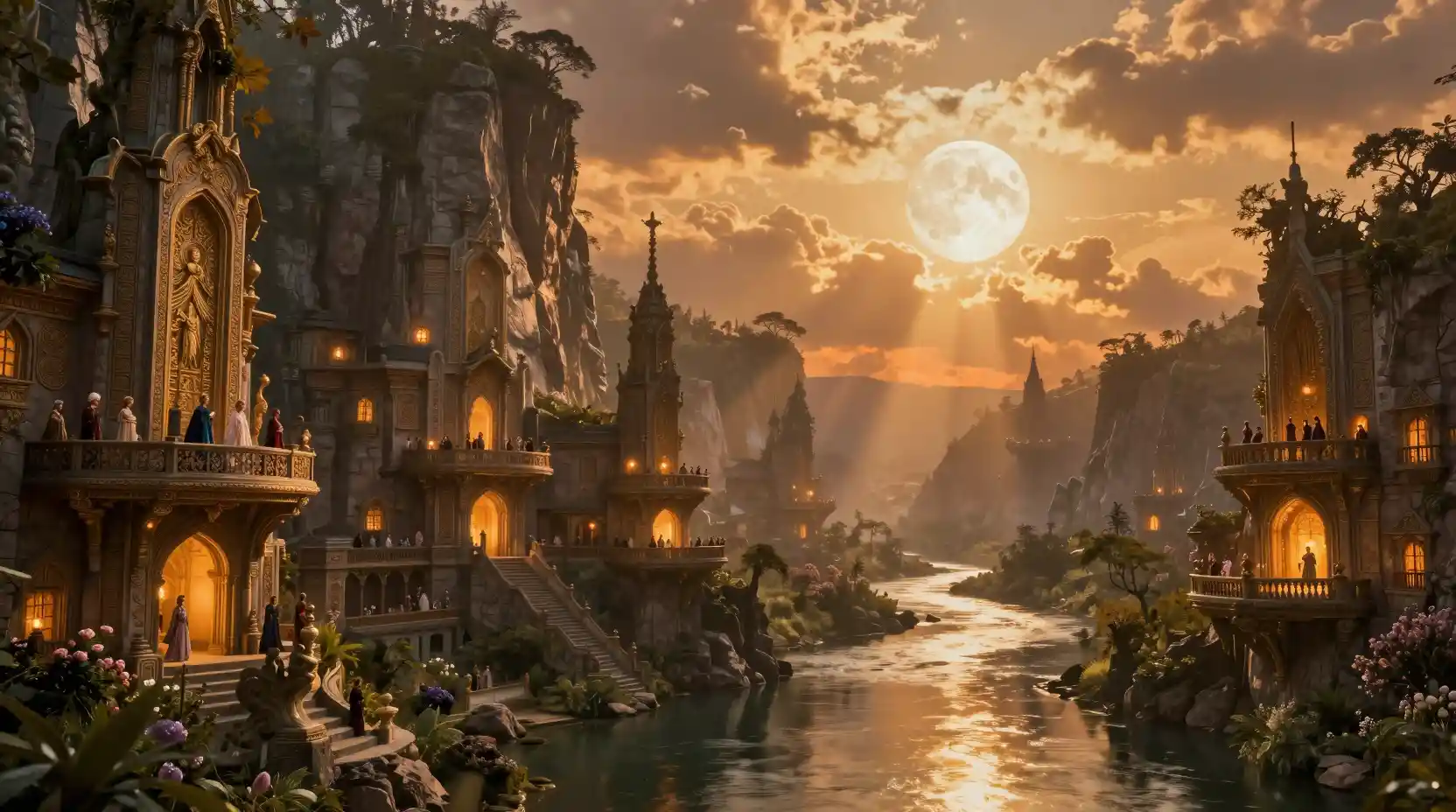 Epic fantasy cliffside city over a tranquil river