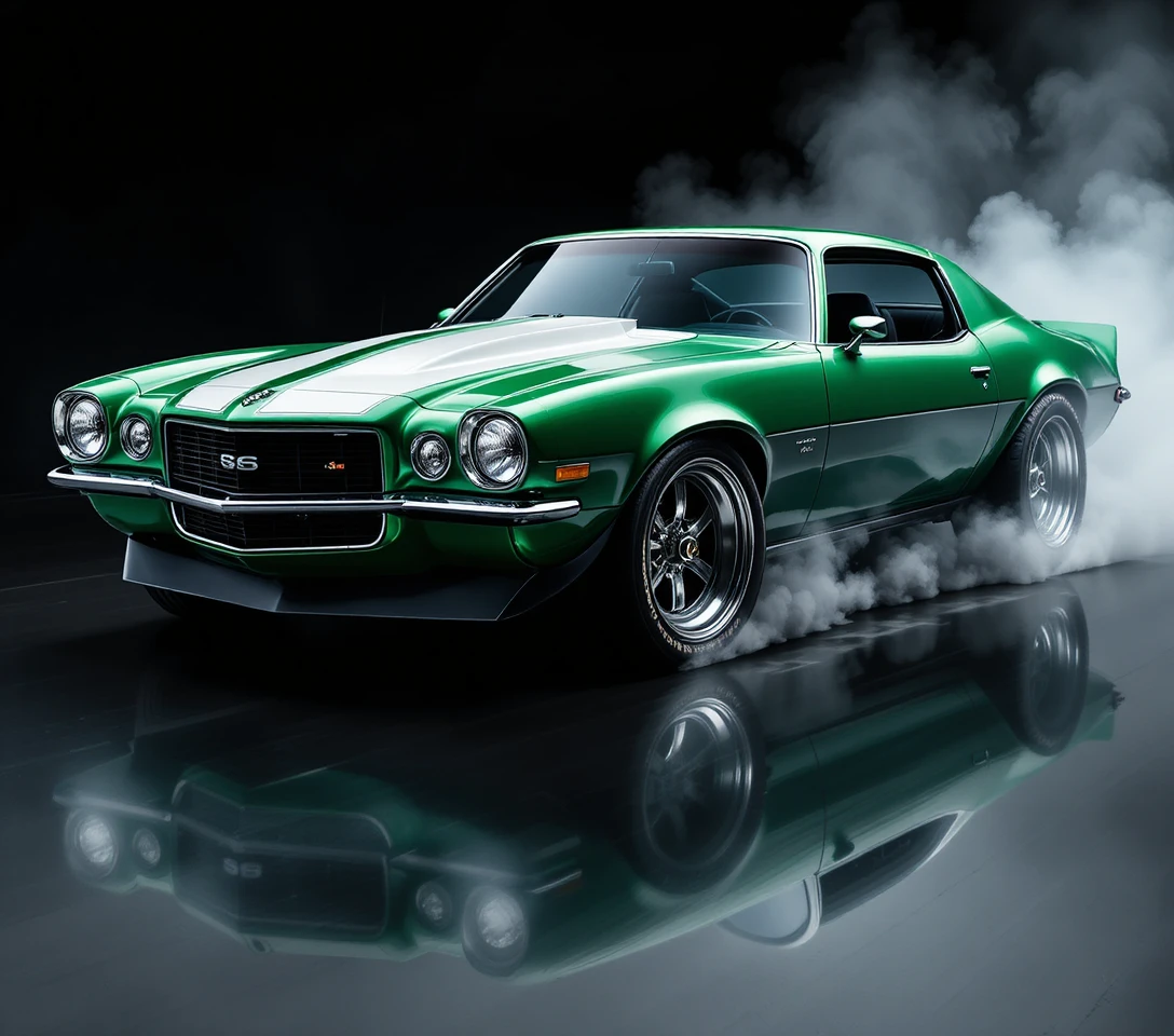 Futuristic green Camaro muscle car with chrome wheels