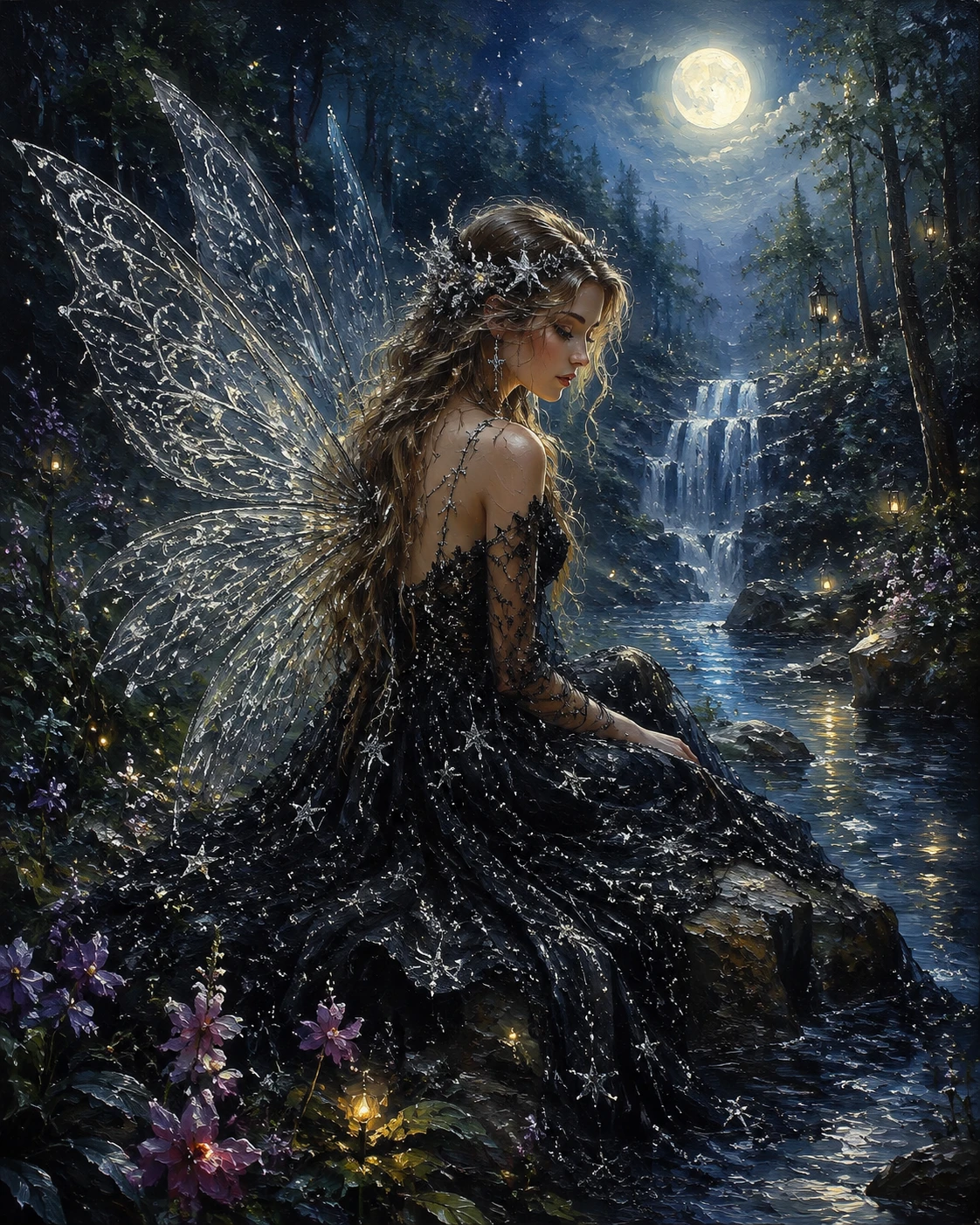 Fairy Girl In Black Lace Dress Under Enchanted Moon