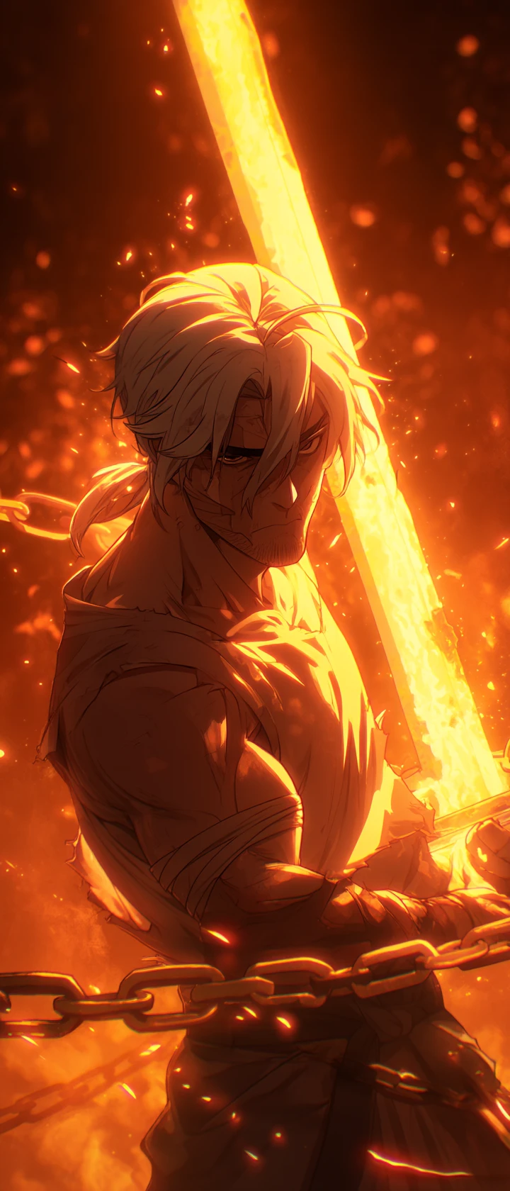 Herrero de anime forjando una espada de luz brillante