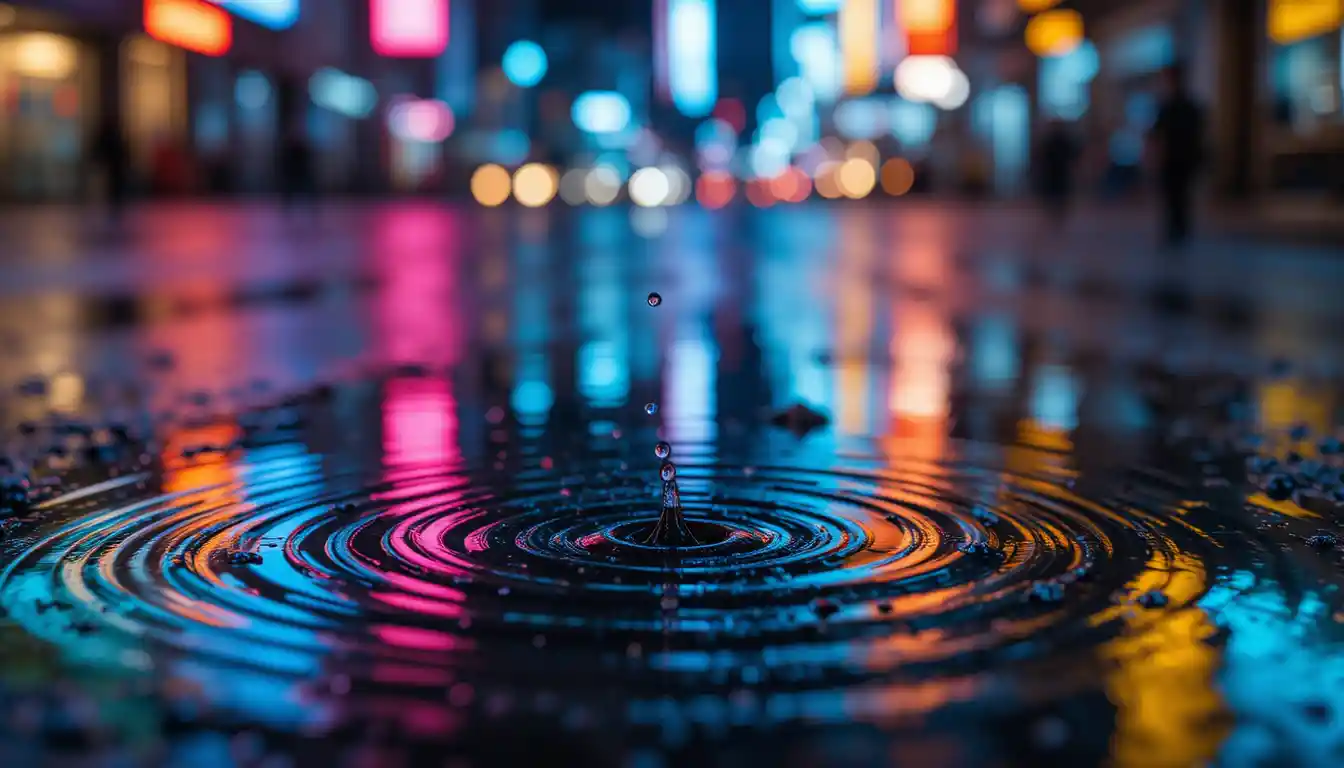 Neon reflections on rippling dark water at street level